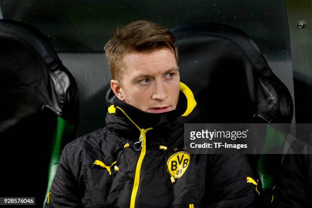 Marco Reus of Dortmund sits on the bench prior to UEFA Europa League Round of 32 match between Atalanta and Borussia Dortmund at the Mapei Stadium -...