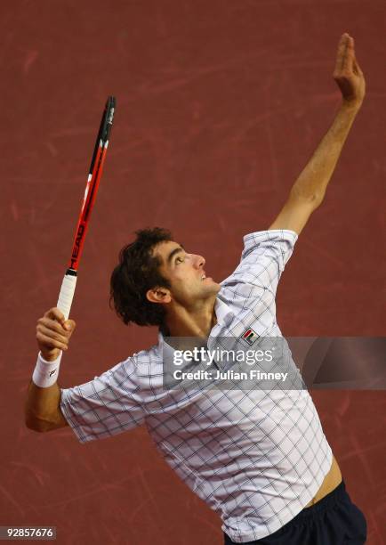 Marin Cilic of Croatia in action against Radek Stepanek of Czech Republic during Day Five of the Davidoff Swiss Indoors Tennis at St Jakobshalle on...