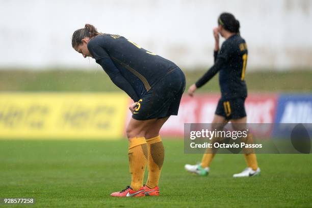 Laura Alleway of Australia reacts during the 3rd place playoff Women's Algarve Cup Tournament match between Australia and Portugal at Municipal...