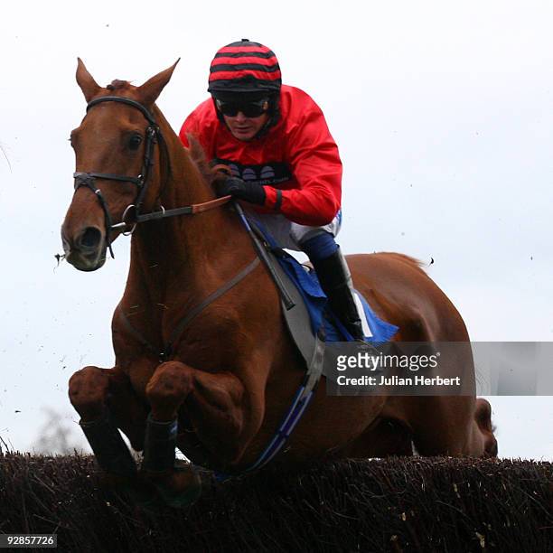 Liam Treadwell and Shaka's Pearl clear an early fence before going on to land The Tony Ireson Happy retirement Handicap Steeple Chase Race run at...