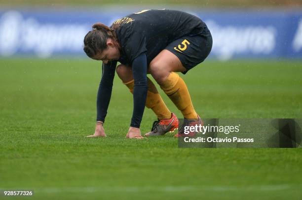 Laura Alleway of Australia reacts during the 3rd place playoff Women's Algarve Cup Tournament match between Australia and Portugal at Municipal...