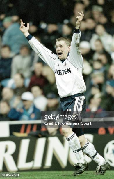 Serhiy Rebrov of Tottenham Hotspur celebrates after scoring the winning goal during the FA Carling Premiership match between Manchester City and...