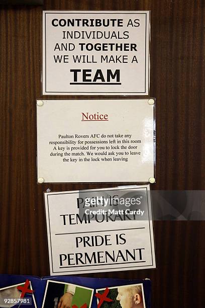 Notices are displayed in the home changing rooms at Paulton Rovers Football Club on November 6, 2009 in Paulton, England. Non-league Paulton Rovers...