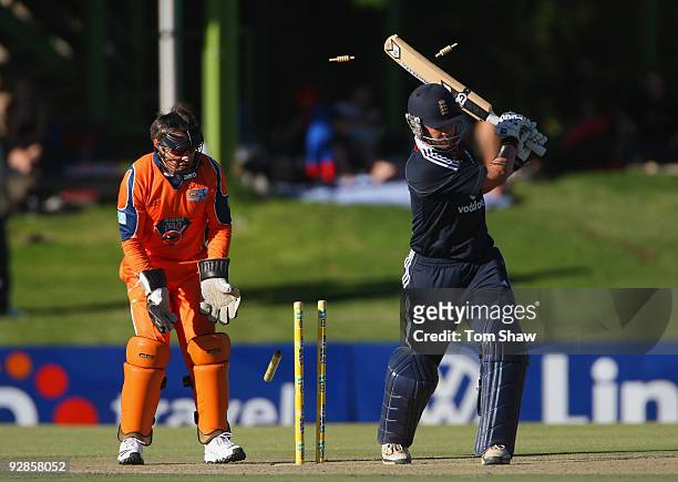 Jonathan Trott of England is bowled out during the tour match between the Diamond Eagles and England at the Outsurance Oval on November 6, 2009 in...