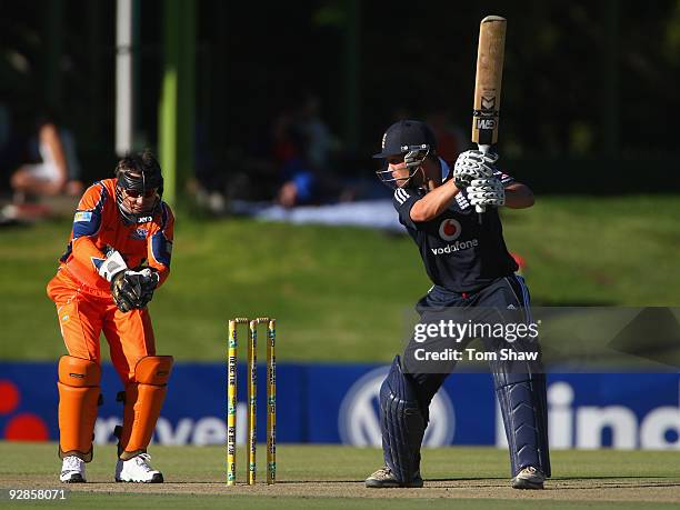 Jonathan Trott of England hits out during the tour match between the Diamond Eagles and England at the Outsurance Oval on November 6, 2009 in...