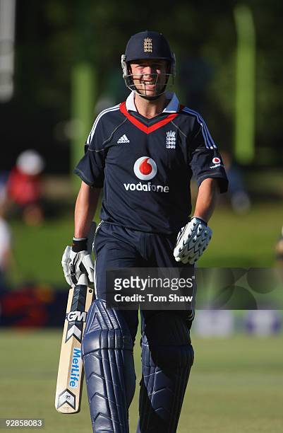 Jonathan Trott of England walks off after his dismissal during the tour match between the Diamond Eagles and England at the Outsurance Oval on...