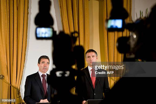 Norway's Prime Minister Jens Stoltenberg and Secretary General of NATO Anders Fogh Rasmussen answer questions at press conference in Oslo on November...