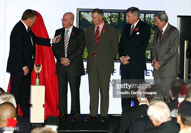 Ray Stubbs interviews Sir Bobby Charlton, Geoff Hurst, Martin Peters and Gordon Banks during the official unveiling of the sculpture of Sir Alf...