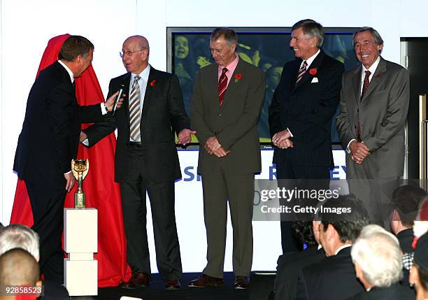 Ray Stubbs interviews Sir Bobby Charlton, Geoff Hurst, Martin Peters and Gordon Banks during the official unveiling of the sculpture of Sir Alf...