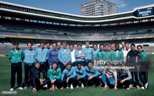Tottenham Hotspur line up for a group photo inside the Santiago Bernabéu Stadium before their UEFA Cup 4th Round 2nd leg on March 20, 1985 in Madrid,...