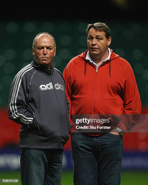 All Blacks coaches Graham Henry and Steve Hansen look on during New Zealand All Blacks training at the Millennium stadium on November 6, 2009 in...