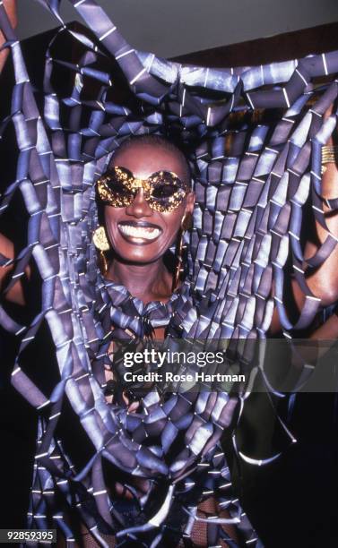 Actress and singer Grace Jones smiles while partying at Studio 54 in New York, 1978.