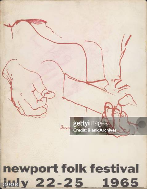 Cover of the program for the Newport Folk Festival, held from July 22 - 25, features a line illustration of a pair of hands as they play an acoustic...
