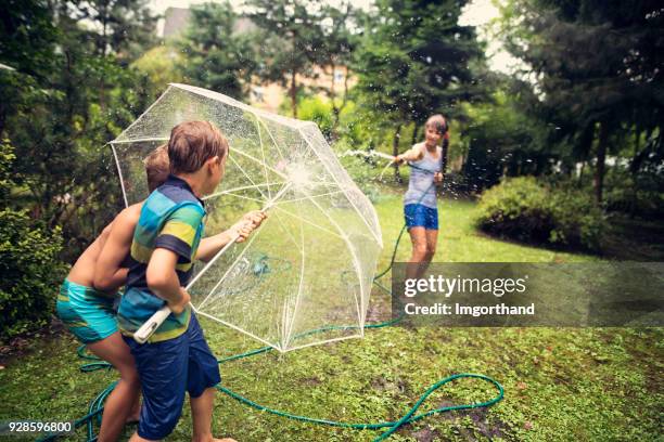 children playing with water in back yard - brother fight stock pictures, royalty-free photos & images