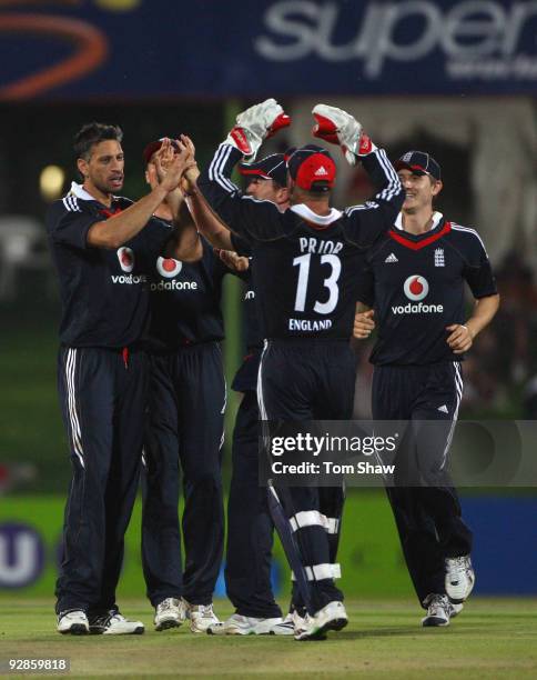 Sajid Mahmood of England celebrates taking the wicket of Reeza Hendricks of the Eagles during the tour match between the Diamond Eagles and England...