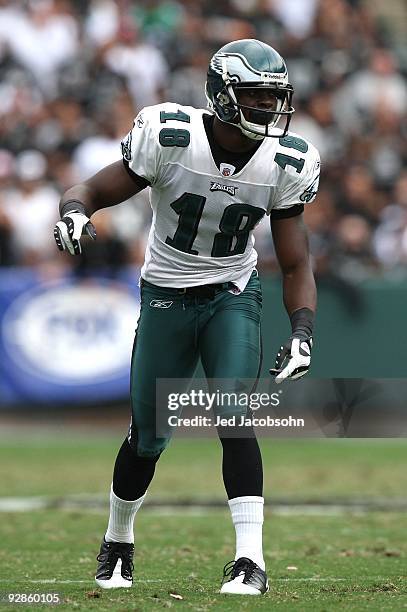 Jeremy Maclin of the Philadelphia Eagles in action against the Oakland Raiders during an NFL game at the Oakland-Alameda County Coliseum on October...