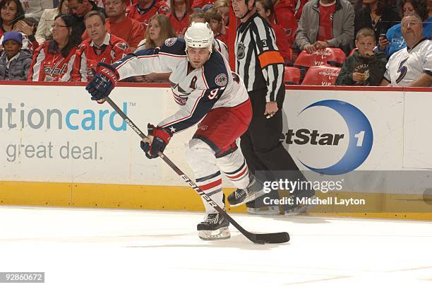 Rostislav Klesla of the Columbus Blue Jackets looks to make a pass during a NHL hockey game against the Washington Capitals on November 1, 2009 at...