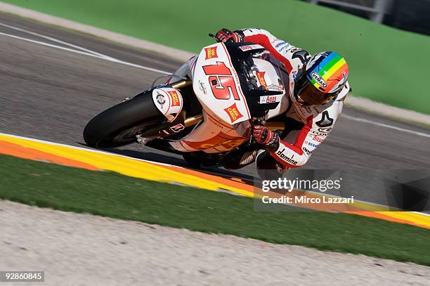 Alex De Angelis of Rep. San Marino and San Carlo Honda Gresini rounds a bend during the first free practice session ahead of the MotoGP of Valencia...