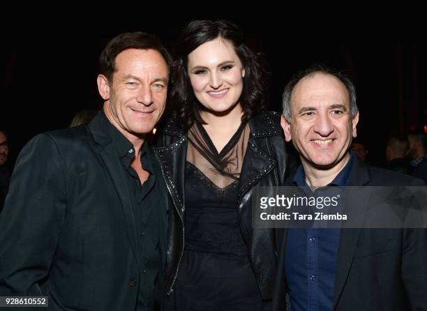 Jason Isaacs, Mary Chieffo and Armando Iannucci attend the premiere of IFC Films' 'The Death Of Stalin' at The Theatre at Ace Hotel on March 6, 2018...