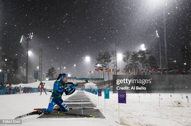 Dorothea Wierer of Italy prepares to shoot during the Women's 4x6km Relay on day 13 of the PyeongChang 2018 Winter Olympic Games at Alpensia Biathlon...