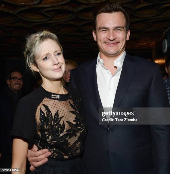 Andrea Riseborough and Rupert Friend attend the premiere of IFC Films' 'The Death Of Stalin' at The Theatre at Ace Hotel on March 6, 2018 in Los...