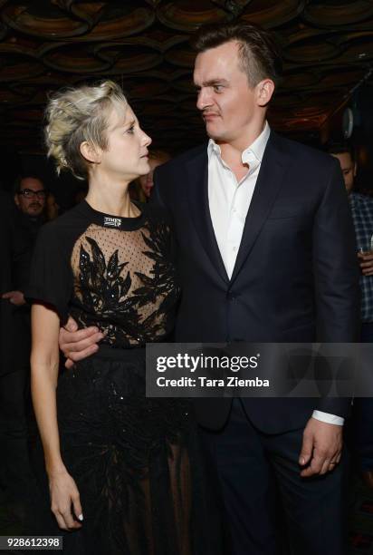 Andrea Riseborough and Rupert Friend attend the premiere of IFC Films' 'The Death Of Stalin' at The Theatre at Ace Hotel on March 6, 2018 in Los...