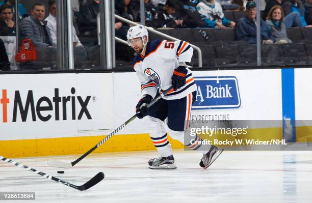 Anton Slepyshev of the Edmonton Oilers skates with the puck against the San Jose Sharks at SAP Center on February 27, 2018 in San Jose, California.