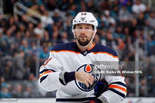 Anton Slepyshev of the Edmonton Oilers looks on during the game against the San Jose Sharks at SAP Center on February 27, 2018 in San Jose,...