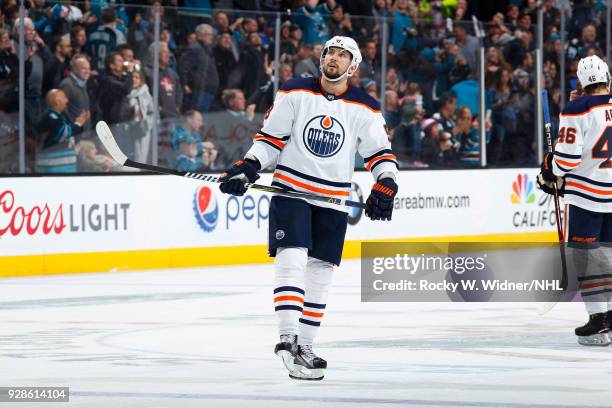 Anton Slepyshev of the Edmonton Oilers skates against the San Jose Sharks at SAP Center on February 27, 2018 in San Jose, California.