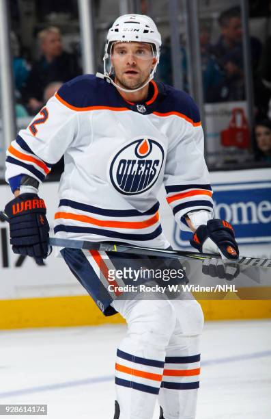 Andrej Sekera of the Edmonton Oilers skates against the San Jose Sharks at SAP Center on February 27, 2018 in San Jose, California.