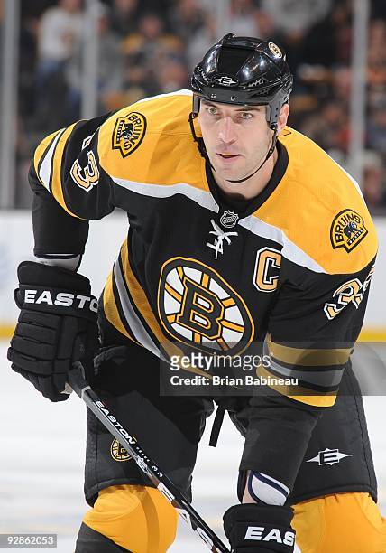 Zdeno Chara of the Boston Bruins waits in position prior to a face-off during the game against the Montreal Canadiens at the TD Garden on November 5,...