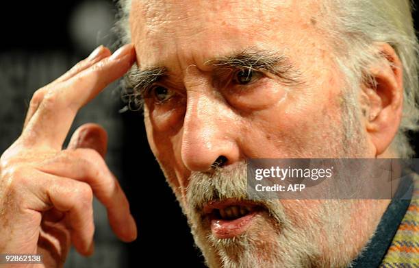 British actor Christopher Lee gestures during a press conference as he speaks about his latest film 'Triage' directed by Danis Tanovic at the SEFF'...