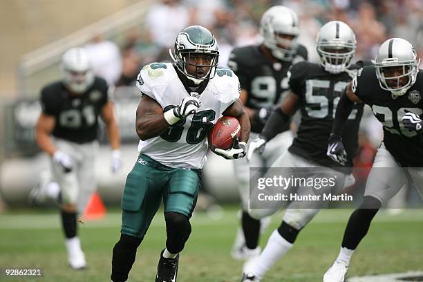 Running back Brian Westbrook of the Philadelphia Eagles carries the ball during a game against the Oakland Raiders on October 18, 2009 at...