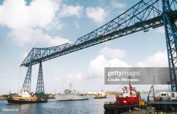 Ton class minesweeper HMS Kellington seen here being towed under the Tees Transporter Bridge on it's way to Stockton, 16th August 1993.