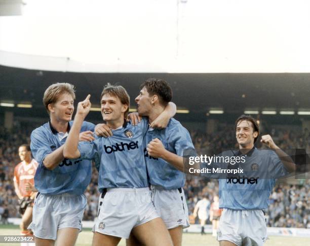 Manchester City 5-1 Manchester United, League match at Maine Road. Andy Hinchcliffe celebrates 5 goals with Ian Brightwell, Paul Lake and Ian Bishop....