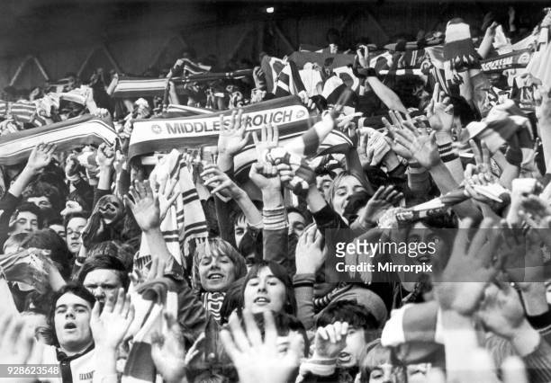 Boro Fans, a section of Boro's Holgate Kop in jubilant mood before the start of the FA Cup Quarter-final match, Middlesbrough V Orient, score 0 - 0,...