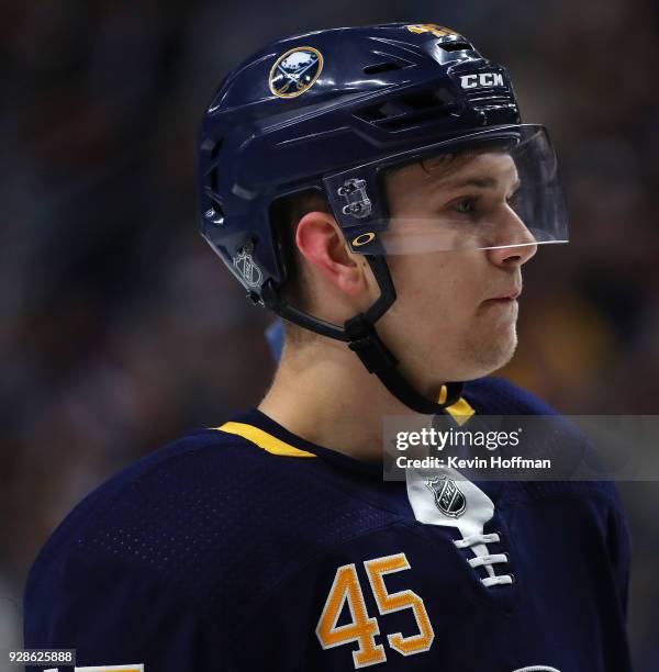 Brendan Guhle of the Buffalo Sabres during the game against the Toronto Maple Leafs at KeyBank Center on March 5, 2018 in Buffalo, New York.