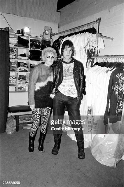 Punk Rock fashions in Birmingham. A young woman and man inside a Punk fashion shop, 23rd January 1979.