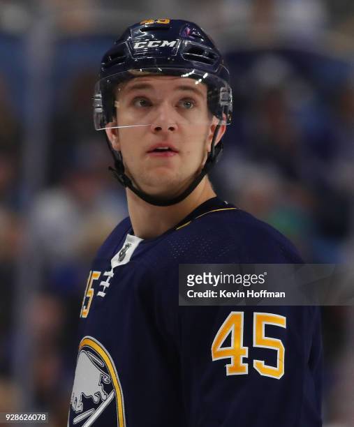 Brendan Guhle of the Buffalo Sabres during the game against the Toronto Maple Leafs at KeyBank Center on March 5, 2018 in Buffalo, New York.