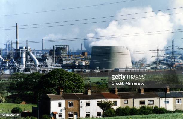 Steam pours out of the new Enron cooling tower billowing towards Redcar, 30th July 1993.