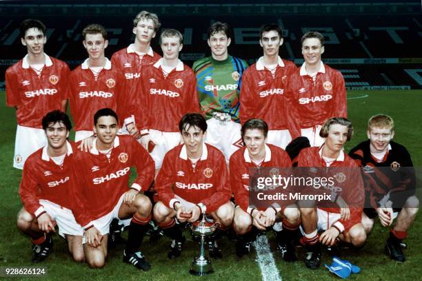 Manchester United youth team pose with the Lancashire Youth Cup following their victory over Blackburn. Back row left to right are: Chris Casper,...