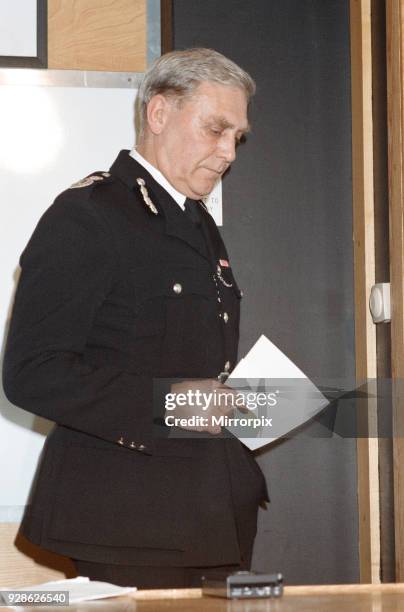 Chief Constable of the South Yorkshire Police Department Peter Wright speaking at a press conference following the Hillsborough tragedy, 16th April...