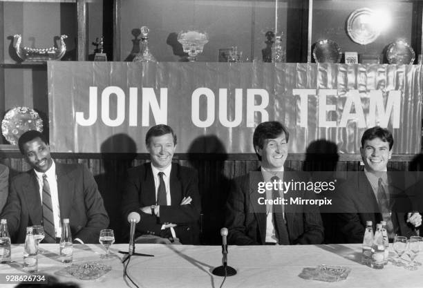 Manchester United manager Alex Ferguson joined by chairman Martin Edwards unveils his new signings Viv Anderson and Brian McClair at Old Trafford....