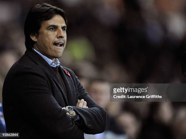 Manager Chris Coleman of Coventry City looks on during the Coca-Cola Championship match between Derby County and Coventry City at Pride Park on...