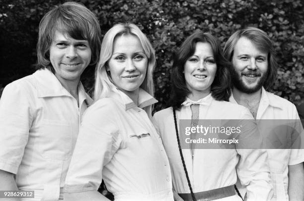 Swedish pop group ABBA consisting of Agnetha Fältskog, Björn Ulvaeus, Benny Andersson and Anni-Frid Lyngstad pictured on the banks of the River...