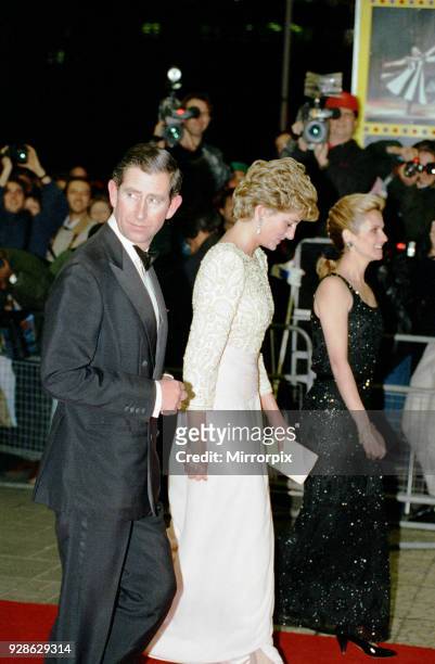 Royal Variety Performance, Dominion Theatre, London, Monday 7th December 1992. Arrival of Prince Charles & Princess Diana, wearing pink-tinged,...