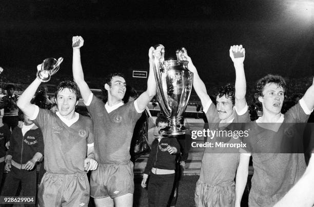 European Cup Final at the Stadio Olimpico in Rome, Italy. Liverpool 3 v Borussia Munchengladbach 1. Liverpool players Joey Jones, Ray Kennedy, Terry...