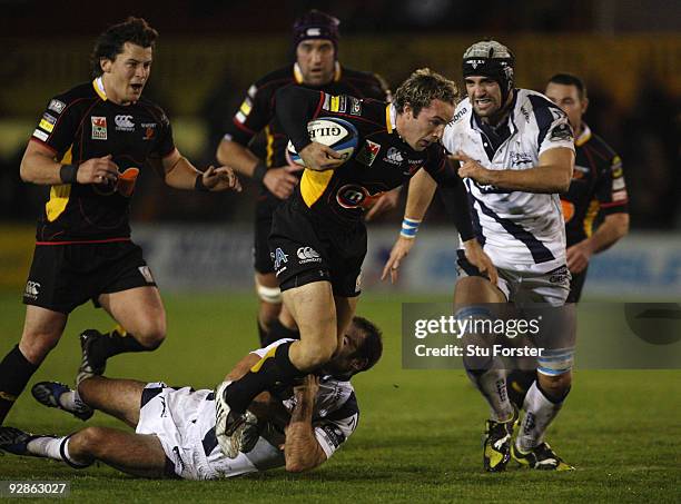 Dragons winger William Harries bursts through the Sharks defence during the LV = Anglo Welsh Cup match between Newport Gwent Dragons and Sale Sharks...