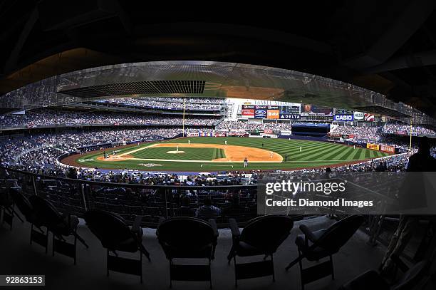 General view of the field from the back of the first concouse along the firstbase line as designated-hitter Travis Hafner of the Cleveland Indians...