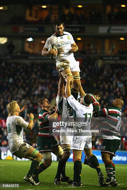 Danie Rossouw of South Africa wins the lineout during the international friendly match between Leicester Tigers and South Africa at Welford Road on...